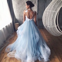 Sky Blue Spaghetti Straps Tulle Prom Dresses with Lace - Thumbnail 1