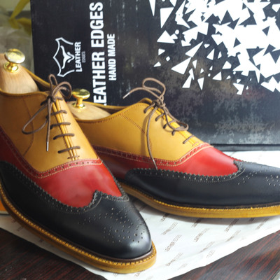 Handmade multi color wing tip brogue lace up leather shoes for men's - Thumbnail 5