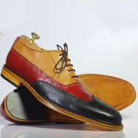 Handmade Multi Color Wing Tip Brogue Lace Up Leather Shoes For Men's - Thumbnail 1