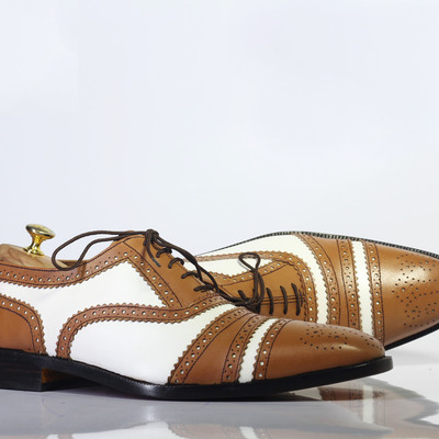 Handmade brown white cap toe lace up leather shoes for men's - Thumbnail 4