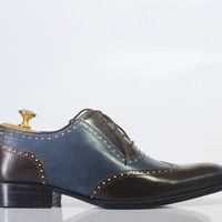 Handmade 2 Tone Wing Tip Lace Up Leather Shoes For Men's - Thumbnail 3