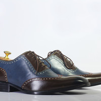 Handmade 2 Tone Wing Tip Lace Up Leather Shoes For Men's - Thumbnail 2