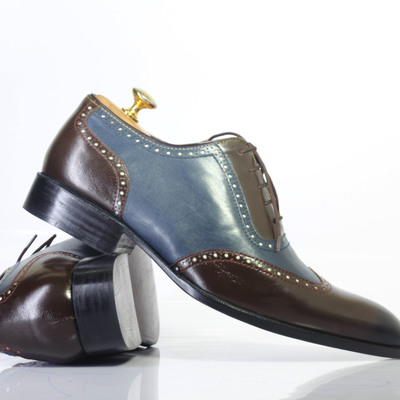 Handmade 2 tone wing tip lace up leather shoes for men's - Thumbnail 2