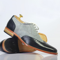 Handmade Gray Black Wing Tip Brogue Lace Up Leather Shoes For Men's - Thumbnail 1