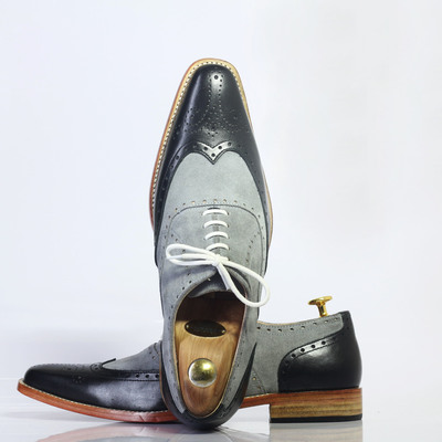 Handmade gray black wing tip brogue lace up leather shoes for men's - Thumbnail 4