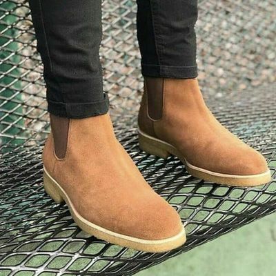 Handmade mens tan color suede chelsea boots, mens crepe sole chelsea boots - Thumbnail 2