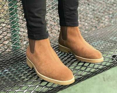 Handmade Mens Tan color Suede Chelsea boots, Mens Crepe sole chelsea boots