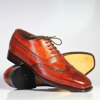 Handmade Brown Wing Tip Brogue Lace Up Leather Shoes For Men's - Thumbnail 1