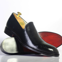 Handmade Black Brogue Toe Leather Loafers Shoes For Men's - Thumbnail 1