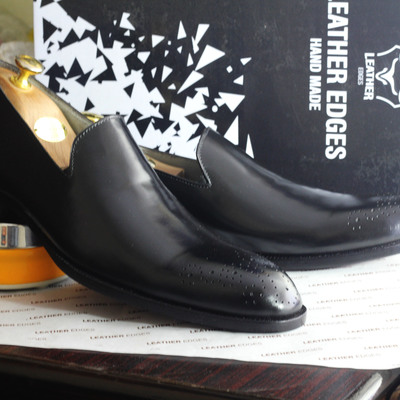 Handmade black brogue toe leather loafers shoes for men's - Thumbnail 2