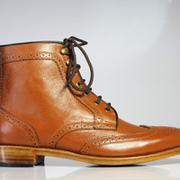 Handmade Men's Ankle High Brown Wing Tip Brogue Leather Lace Up Boots - Thumbnail 3