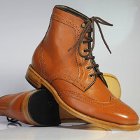 Handmade Men's Ankle High Brown Wing Tip Brogue Leather Lace Up Boots - Thumbnail 1