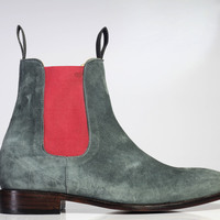 Handmade Men's Ankle High Gray Chelsea Suede Boots - Thumbnail 3