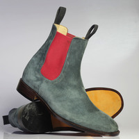 Handmade Men's Ankle High Gray Chelsea Suede Boots - Thumbnail 2