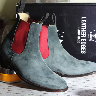 Handmade men's ankle high gray chelsea suede boots - Thumbnail 4