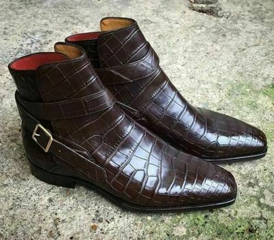 Handmade Men's Crocodile Jodhpurs Boot, Men Monk strap Leather Ankle boots