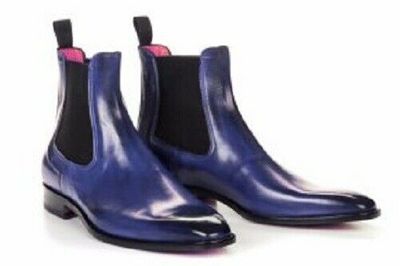 Handmade Men’s Navy Color Boots, Leather Ankle High Chelsea Dress Slip On Boots