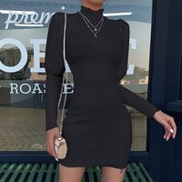 Round Neck Puff Sleeves Long-Sleeved Dress - Thumbnail 2