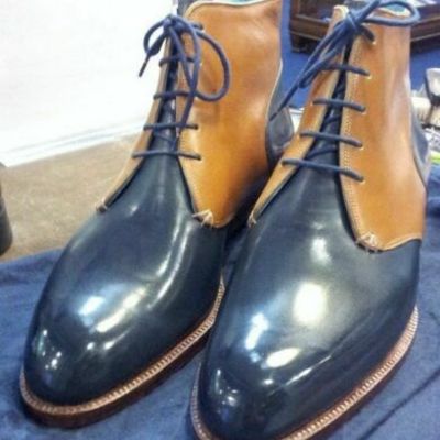 Handmade men’s blue & tan color lace up boots, leather high ankle boots - Thumbnail 4