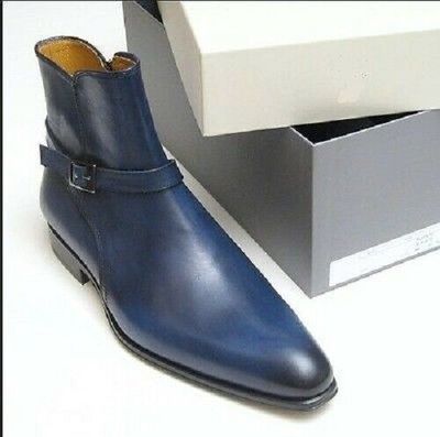 Blue Jodhpurs High Ankle Genuine Leather Single Buckle Monk Straps Derby Shoes