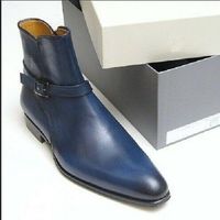 Blue Jodhpurs High Ankle Genuine Leather Single Buckle Monk Straps Derby Shoes - Thumbnail 4