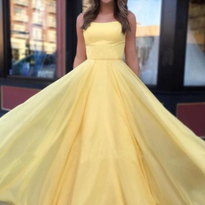 Spaghetti straps a line daffodil tulle prom dresses, evening dresses - Thumbnail 2