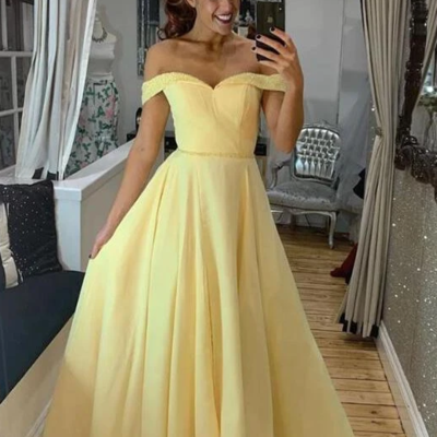 Off the shoulder a line long yellow prom dresses, formal dresses - Thumbnail 4