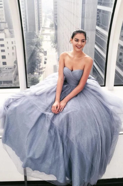 Sexy Strapless Grey Sweetheart Long Prom Dresses, Cheap Evening Dresses 