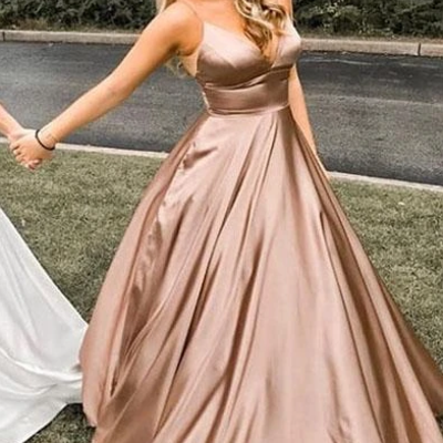 V neck spaghetti straps long prom dresses with pockets - Thumbnail 3