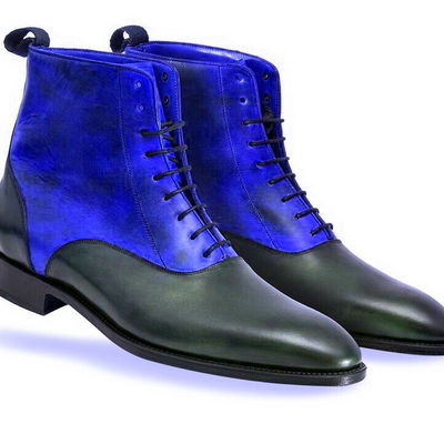 Two tone blue black cont genuine leather derby cap toe high ankle lace up boots - Thumbnail 4