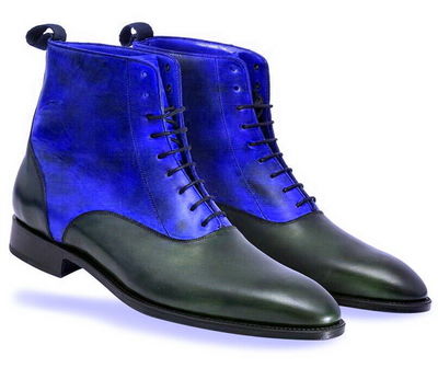 Two Tone Blue Black Cont Genuine Leather Derby Cap Toe High Ankle Lace up Boots