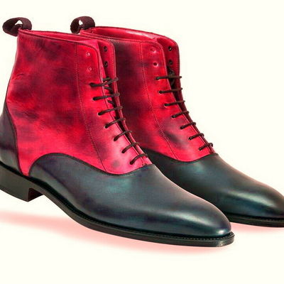 Two tone red black high ankle genuine leather lace up derby toe handmade boots - Thumbnail 3