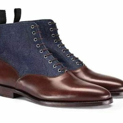 Handmade men’s brown leather & denim ankle boots - Thumbnail 4