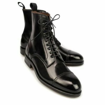 Handmade men’s black color lace up boots, leather high ankle derby boots - Thumbnail 5