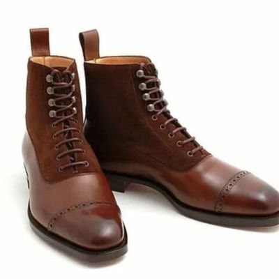 New handmade men's brown leather & suede ankle boots lace up boots - Thumbnail 4