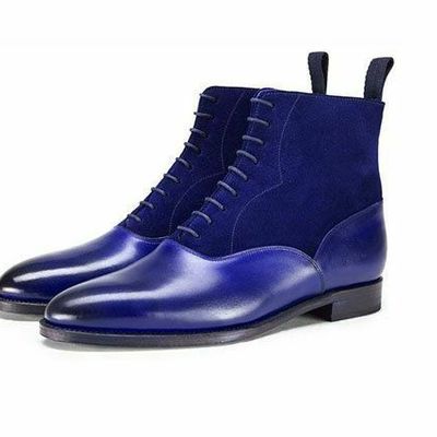 Men's handmade blue leather & suede lace up dress boots - Thumbnail 5