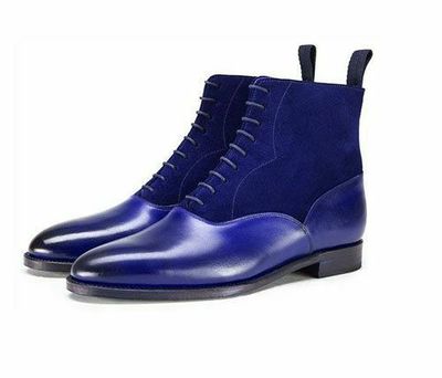 Men's Handmade Blue Leather & Suede Lace Up Dress Boots