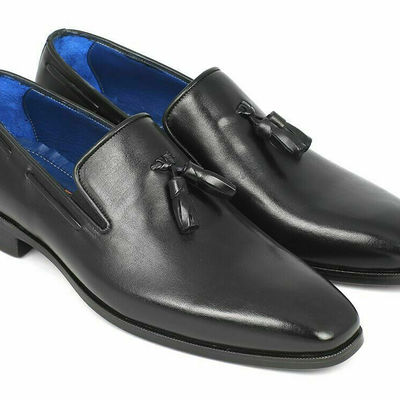 Men black color tassel loafer slip ons derby toe formal dress real leather shoes