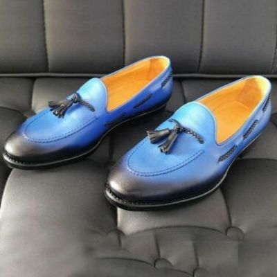 Handmade blue leather moccasin slipper tussle leather dress formal office shoes