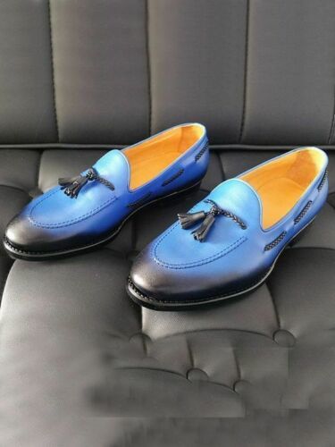 Handmade Blue Leather Moccasin Slipper Tussle Leather Dress Formal Office Shoes