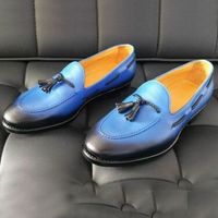 Handmade Blue Leather Moccasin Slipper Tussle Leather Dress Formal Office Shoes - Thumbnail 1