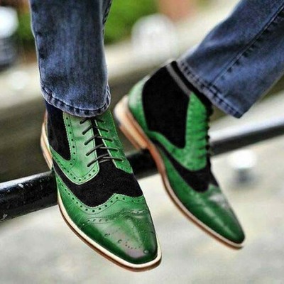Handmade green black wing tip brogue lace up leather suede shoes for men's - Thumbnail 4