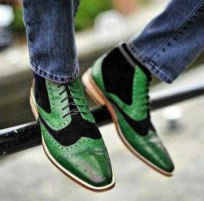 Handmade Green Black Wing Tip Brogue Lace Up Leather Suede Shoes For Men's