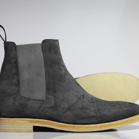 Handmade Men's Ankle High Gray Chelsea Suede Boots - Thumbnail 2