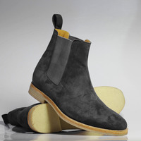 Handmade Men's Ankle High Gray Chelsea Suede Boots - Thumbnail 1