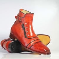 Handmade Men's Ankle High Burgundy Cap Toe Buckle With Side Zip Style Leather Boots - Thumbnail 1