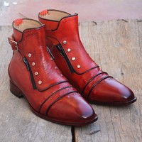 Handmade Men's Ankle High Burgundy Cap Toe Buckle With Side Zip Style Leather Boots - Thumbnail 4