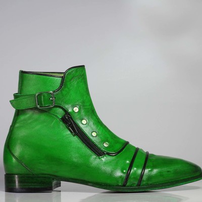 Handmade men's ankle high green cap toe buckle with side zip style leather boots - Thumbnail 4