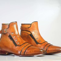 Handmade Men's Ankle High Tan Cap Toe Buckle With Side Zip Style Leather Boots - Thumbnail 1