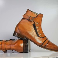 Handmade Men's Ankle High Tan Cap Toe Buckle With Side Zip Style Leather Boots - Thumbnail 2